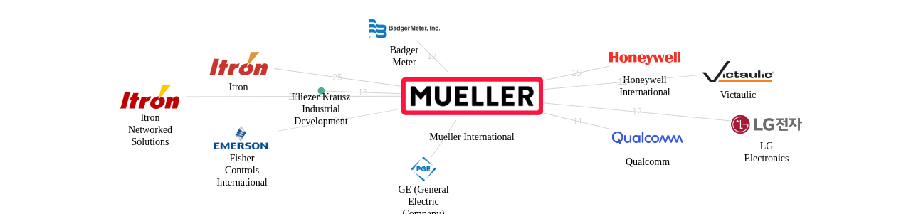 Mueller International 보유 US 특허가 인용reference하는 선행 특허 보유 기업 네트워크 데이터 기준일 20240101 그림