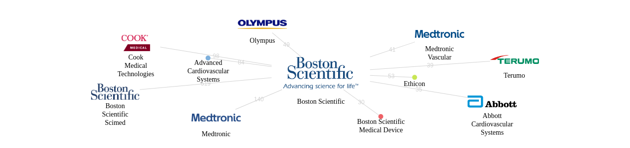 Boston Scientific 보유 US 특허를 피인용forward citation하는 후행 특허 보유 기업 네트워크 데이터 기준일 20240101 그림