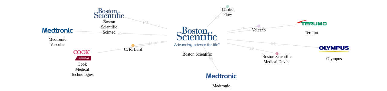 Boston Scientific 보유 US 특허가 거절시키는데 사용된 후행 특허 보유 기업 네트워크 데이터 기준일 20240101 그림