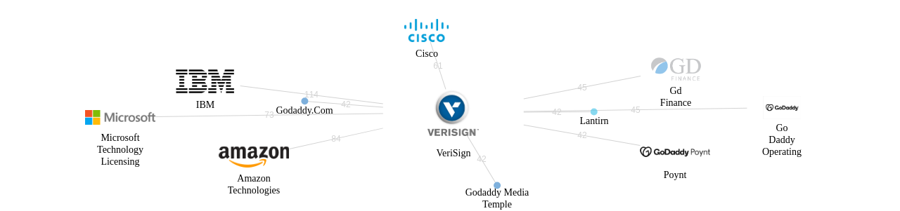 VeriSign 보유 US 특허를 피인용forward citation하는 후행 특허 보유 기업 네트워크 데이터 기준일 20240101 그림