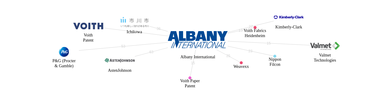 Albany International 보유 US 특허를 피인용forward citation하는 후행 특허 보유 기업 네트워크 데이터 기준일 20240101 그림