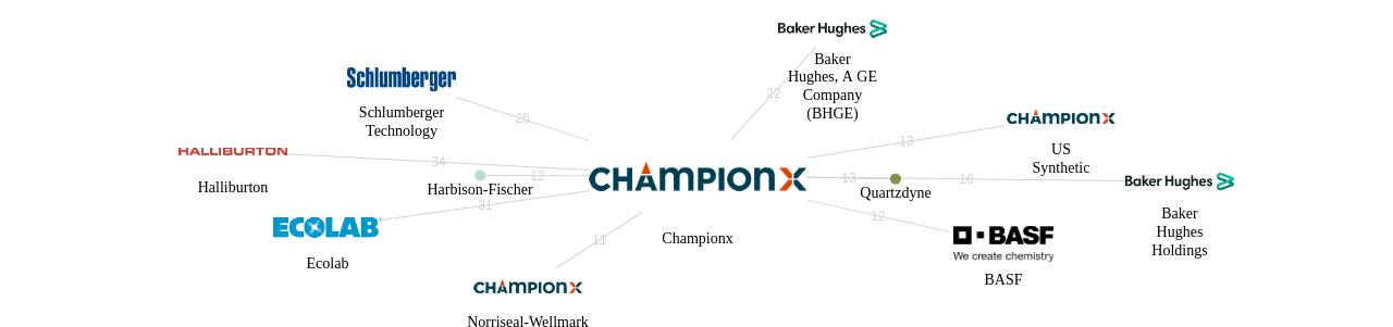 Championx 보유 US 특허를 거절시키는데 사용된 선행 특허 보유 기업 네트워크 데이터 기준일 20240101 그림