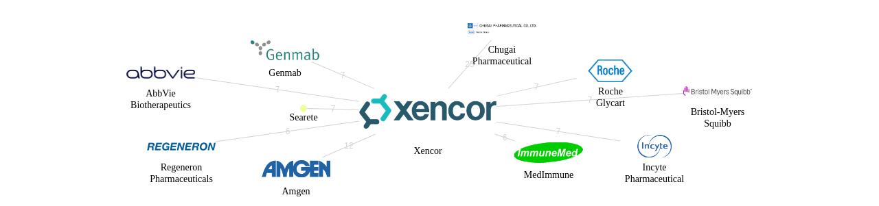 Xencor 보유 US 특허가 거절시키는데 사용된 후행 특허 보유 기업 네트워크 데이터 기준일 20240101 그림