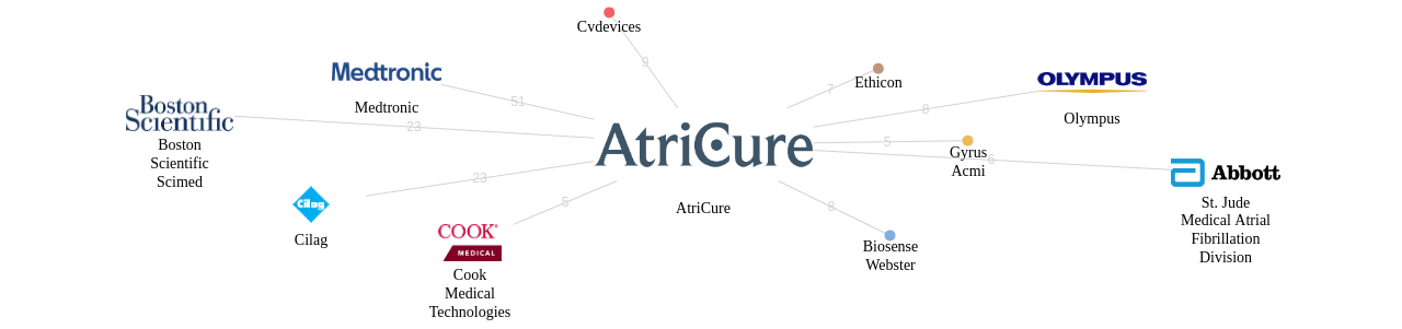 AtriCure 보유 US 특허가 거절시키는데 사용된 후행 특허 보유 기업 네트워크 데이터 기준일 20240101 그림