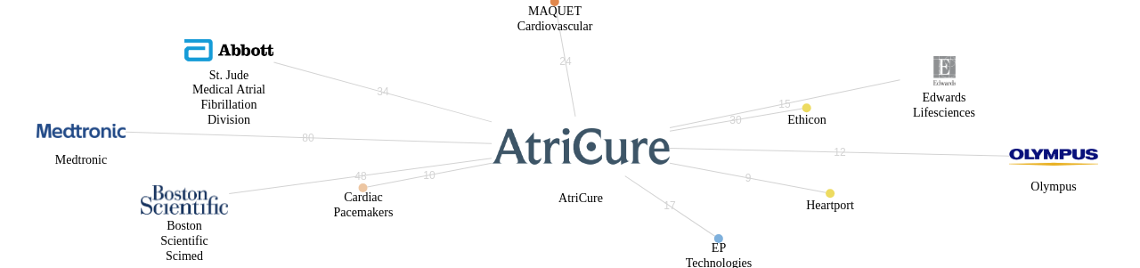 AtriCure 보유 US 특허를 거절시키는데 사용된 선행 특허 보유 기업 네트워크 데이터 기준일 20240101 그림