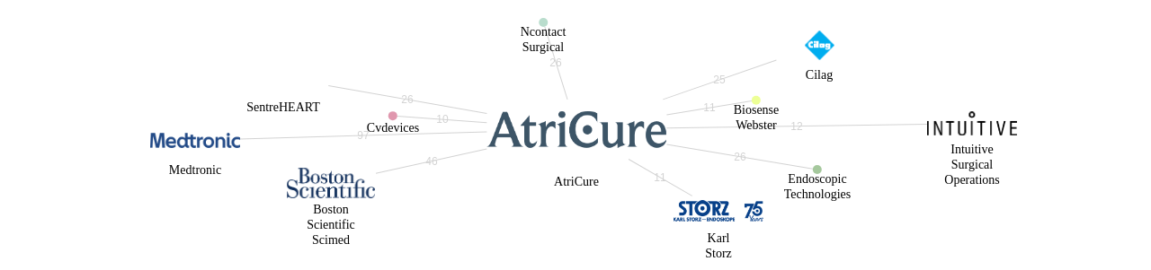 AtriCure 보유 US 특허를 피인용forward citation하는 후행 특허 보유 기업 네트워크 데이터 기준일 20240101 그림