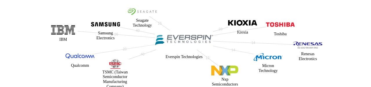 Everspin Technologies 보유 US 특허를 거절시키는데 사용된 선행 특허 보유 기업 네트워크 데이터 기준일 20240101 그림