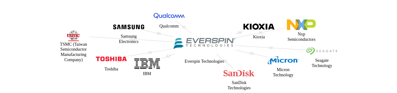 Everspin Technologies 보유 US 특허가 인용reference하는 선행 특허 보유 기업 네트워크 데이터 기준일 20240101 그림