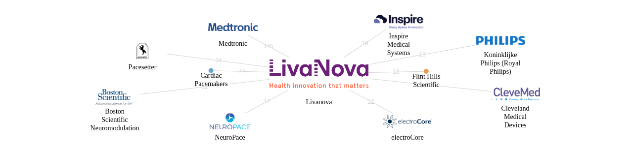 Livanova 보유 US 특허를 피인용forward citation하는 후행 특허 보유 기업 네트워크 데이터 기준일 20240101 그림