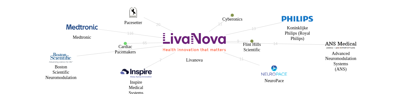 Livanova 보유 US 특허를 거절시키는데 사용된 선행 특허 보유 기업 네트워크 데이터 기준일 20240101 그림