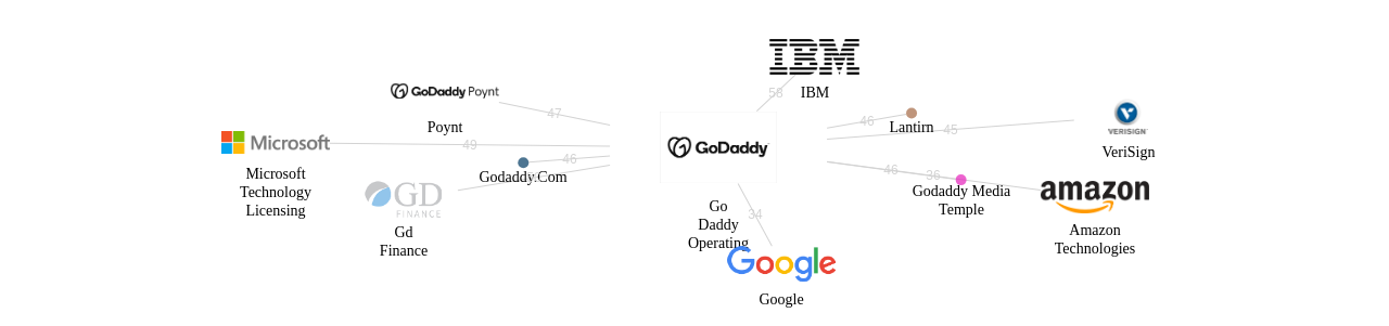 Go Daddy Operating 보유 US 특허를 피인용forward citation하는 후행 특허 보유 기업 네트워크 데이터 기준일 20240101 그림