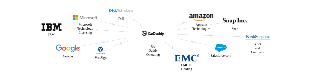 Go Daddy Operating 보유 US 특허가 거절시키는데 사용된 후행 특허 보유 기업 네트워크 데이터 기준일 20240101 그림