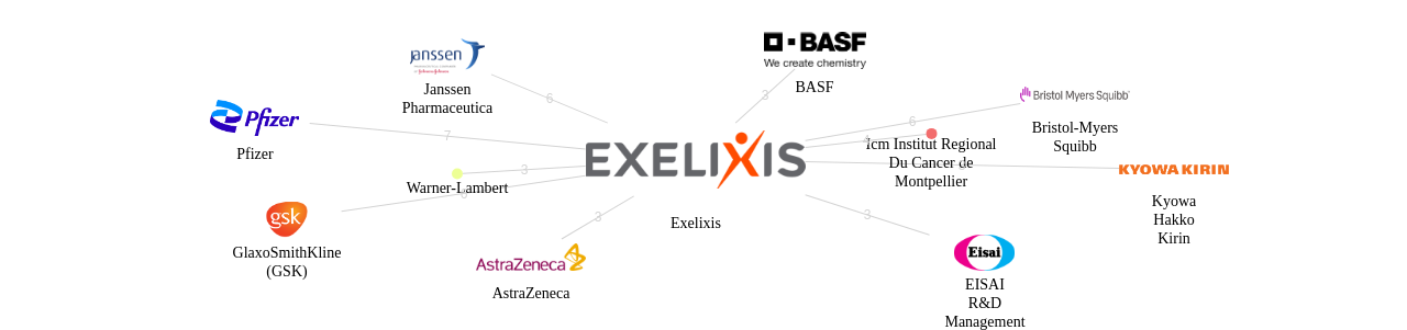 Exelixis 보유 US 특허가 인용reference하는 선행 특허 보유 기업 네트워크 데이터 기준일 20240101 그림