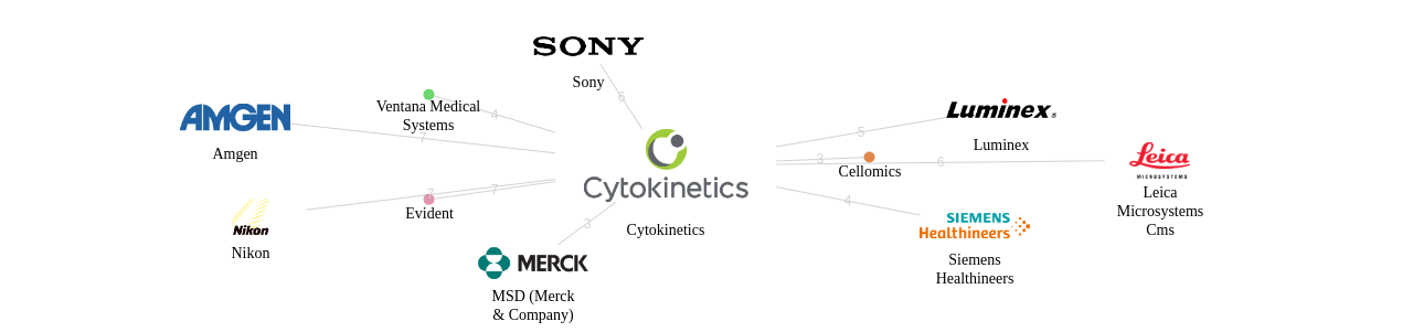Cytokinetics 보유 US 특허를 피인용forward citation하는 후행 특허 보유 기업 네트워크 데이터 기준일 20240101 그림