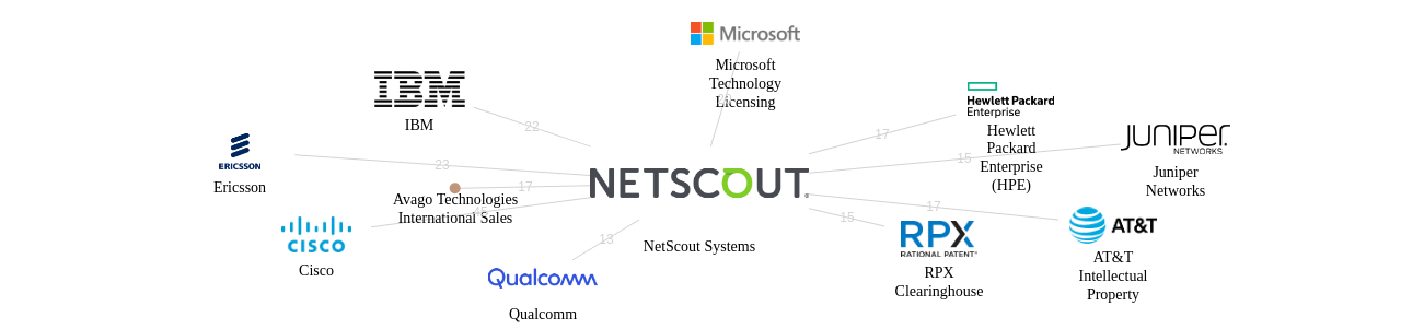 NetScout Systems 보유 US 특허를 거절시키는데 사용된 선행 특허 보유 기업 네트워크 데이터 기준일 20240101 그림