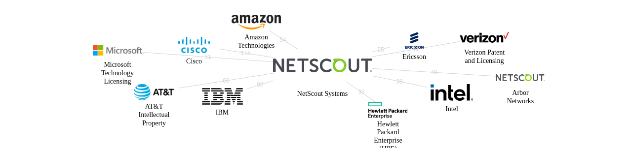 NetScout Systems 보유 US 특허를 피인용forward citation하는 후행 특허 보유 기업 네트워크 데이터 기준일 20240101 그림
