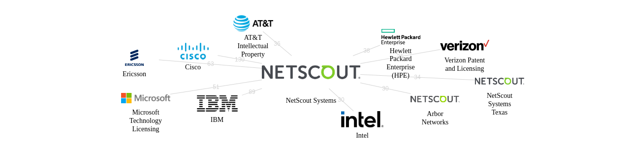 NetScout Systems 보유 US 특허가 인용reference하는 선행 특허 보유 기업 네트워크 데이터 기준일 20240101 그림