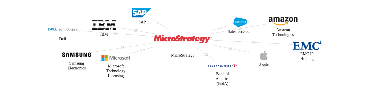 MicroStrategy 보유 US 특허가 거절시키는데 사용된 후행 특허 보유 기업 네트워크 데이터 기준일 20240101 그림