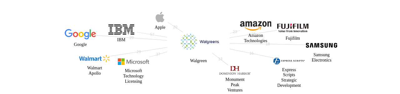 Walgreen 보유 US 특허가 인용reference하는 선행 특허 보유 기업 네트워크 데이터 기준일 20240101 그림