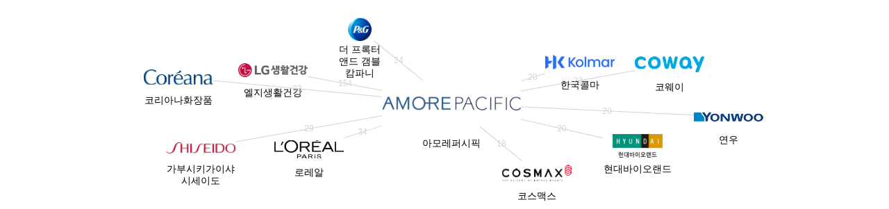 아모레퍼시픽 보유 KR 특허를 거절시키는데 사용된 선행 특허 보유 기업 네트워크 데이터 기준일 20240101 그림