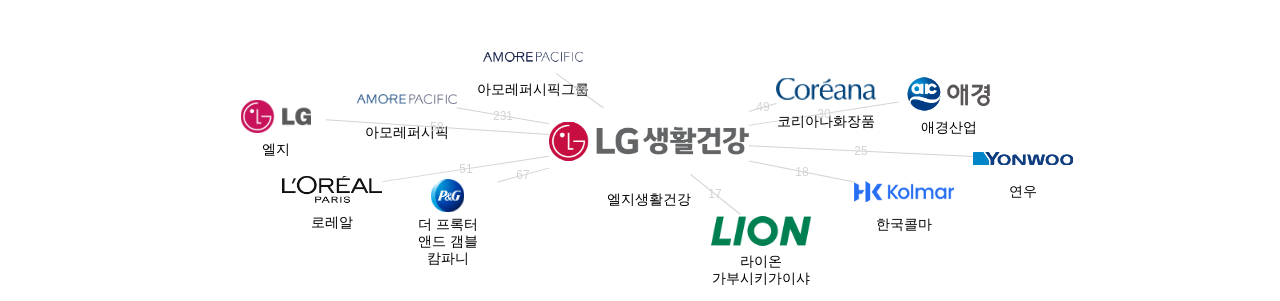 엘지생활건강 보유 KR 특허가 인용reference하는 선행 특허 보유 기업 네트워크 데이터 기준일 20240101 그림