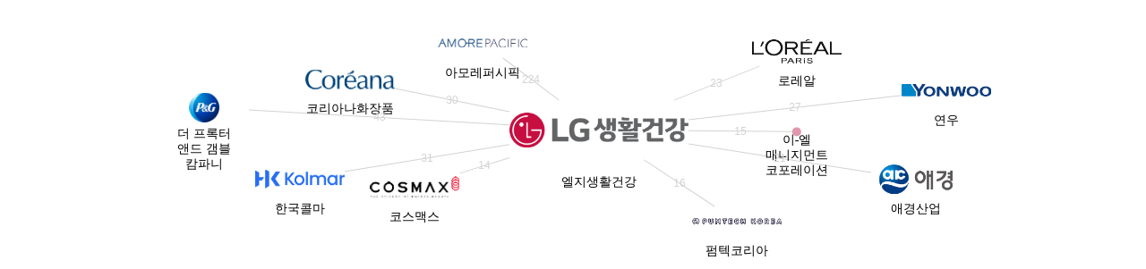엘지생활건강 보유 KR 특허를 거절시키는데 사용된 선행 특허 보유 기업 네트워크 데이터 기준일 20240101 그림