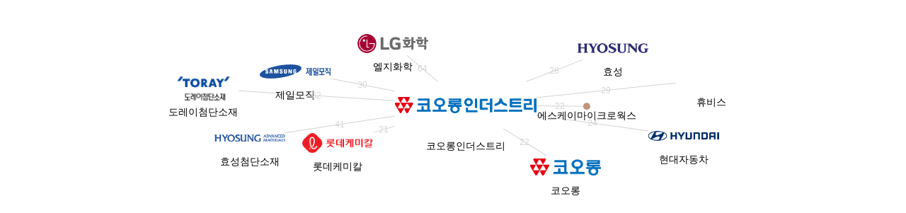 코오롱인더스트리 보유 KR 특허를 피인용forward citation하는 후행 특허 보유 기업 네트워크 데이터 기준일 20240101 그림