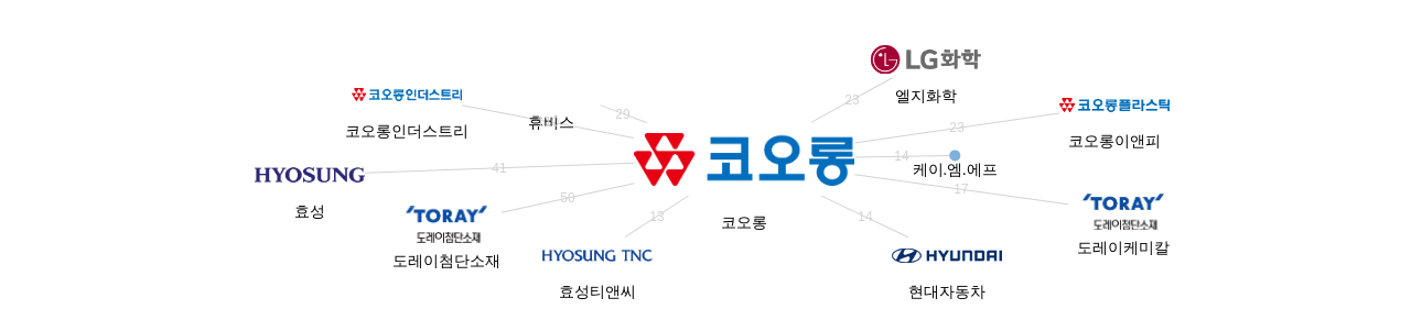 코오롱 보유 KR 특허를 피인용forward citation하는 후행 특허 보유 기업 네트워크 데이터 기준일 20240101 그림