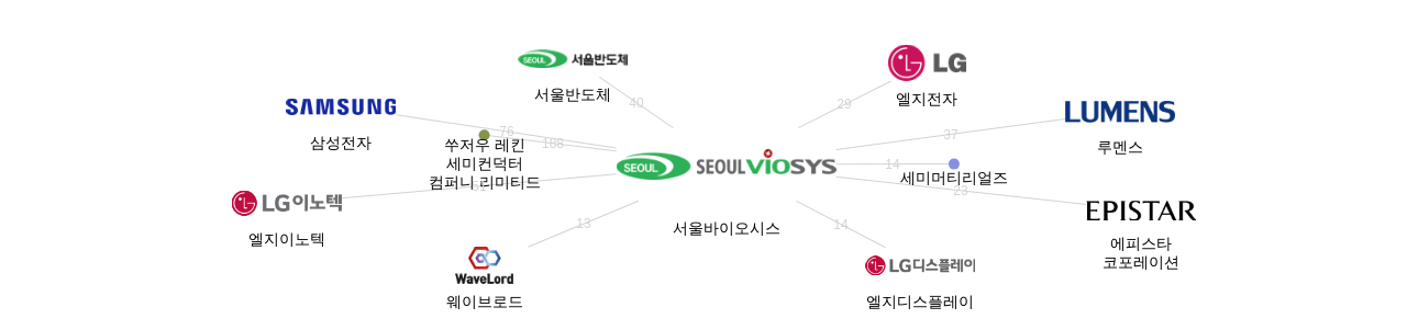 서울바이오시스 보유 KR 특허를 피인용forward citation하는 후행 특허 보유 기업 네트워크 데이터 기준일 20240101 그림