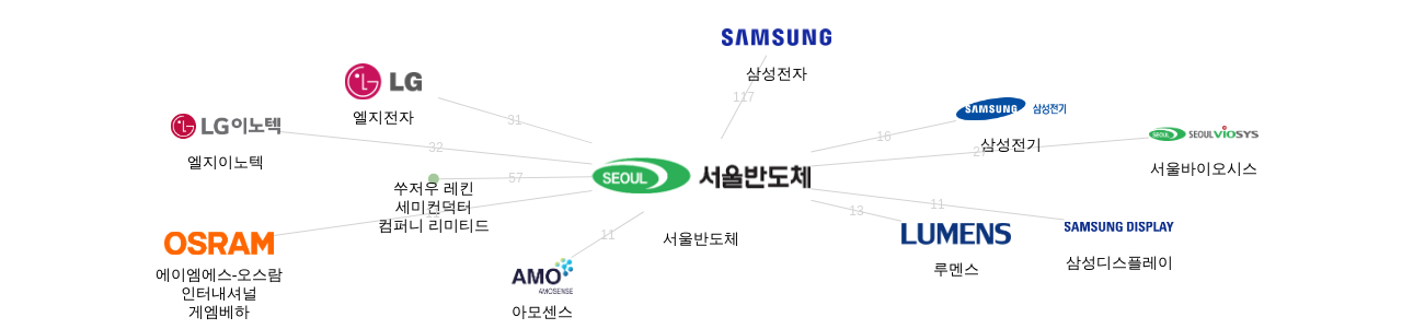 서울반도체 보유 KR 특허를 거절시키는데 사용된 선행 특허 보유 기업 네트워크 데이터 기준일 20240101 그림