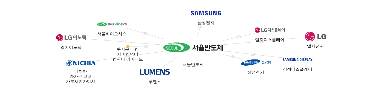 서울반도체 보유 KR 특허가 인용reference하는 선행 특허 보유 기업 네트워크 데이터 기준일 20240101 그림