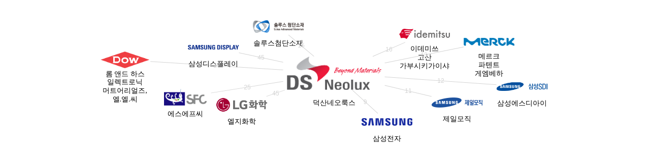 덕산네오룩스 보유 KR 특허가 인용reference하는 선행 특허 보유 기업 네트워크 데이터 기준일 20240101 그림