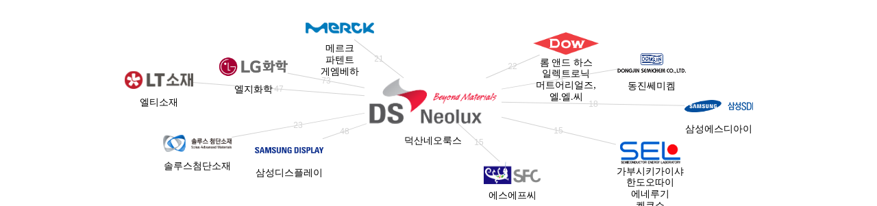 덕산네오룩스 보유 KR 특허가 거절시키는데 사용된 후행 특허 보유 기업 네트워크 데이터 기준일 20240101 그림