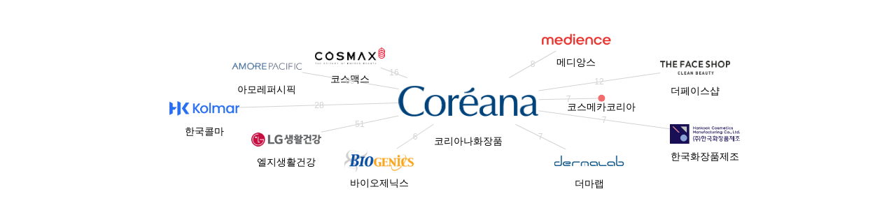 코리아나화장품 보유 KR 특허를 피인용forward citation하는 후행 특허 보유 기업 네트워크 데이터 기준일 20240101 그림