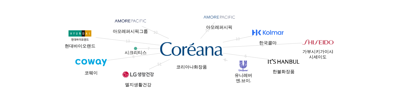 코리아나화장품 보유 KR 특허가 인용reference하는 선행 특허 보유 기업 네트워크 데이터 기준일 20240101 그림