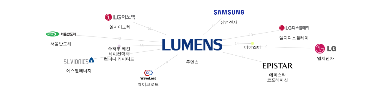 루멘스 보유 KR 특허가 거절시키는데 사용된 후행 특허 보유 기업 네트워크 데이터 기준일 20240101 그림