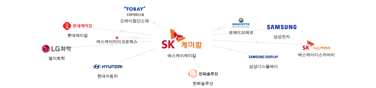 에스케이케미칼 보유 KR 특허가 거절시키는데 사용된 후행 특허 보유 기업 네트워크 데이터 기준일 20240101 그림