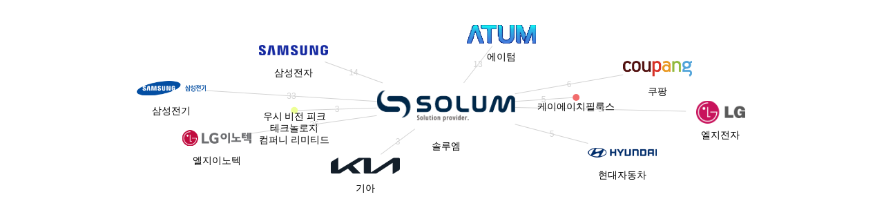 솔루엠 보유 KR 특허를 피인용forward citation하는 후행 특허 보유 기업 네트워크 데이터 기준일 20240101 그림