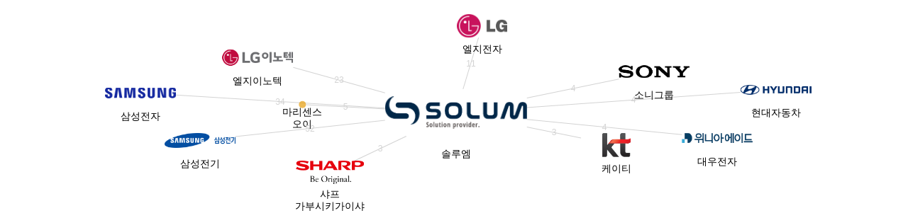 솔루엠 보유 KR 특허를 거절시키는데 사용된 선행 특허 보유 기업 네트워크 데이터 기준일 20240101 그림